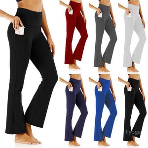 LU wyrównane legginsy rozszerzone szerokie legginsy Kobieta Wysoka pasa szerokie damskie spodnie do jogi siłownia Slim Fit Pockets Ubrania Ubrania Gym Zajęcie damskich strojów sportowych na świeżym powietrzu