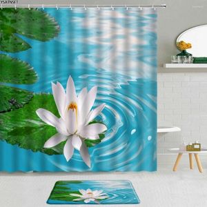 Shower Curtains 2Pcs White Lotus Pond Curtain Green Leaf Hand Painted Flowers Bathroom Fabric Non-Slip Bath Mat Set Decoration