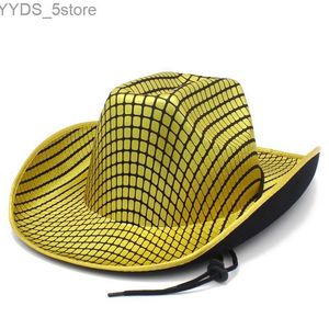 Szerokie brzegowe kapelusze wiadra fedora hat kobiet i męskie słońce zachodnie kowboj złoty srebrny derby trilby jazz curly bleźra YQ240407