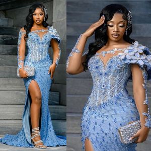 Plus Size Prom Dresses for Black Women Formal Dresses Illusion Long Sleeves Appliqued Beaded Lace Crystal Decorated Side Split Birthday Dress Reception Gowns AM686