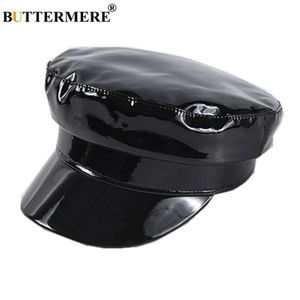 Boll Caps Buttermere Patent Leather Military Style Cap Ladies Black Sailor Hat Woman Captain Autumn Winter High Fashion Hats Q240403