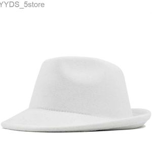 Szerokie brzegowe czapki wiadra prosta biała wełna filcowa czapka dżins jazzowa Trend Trilby Fedoras Panama Chapeau Mens 56-58cm YQ240407