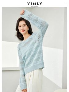 Frauenpullover vimly hellblau hohl aus dünne Langschläfe Strickfeder o-hals gestrickte Pullover 2024 Lazy Style Clothing 72798