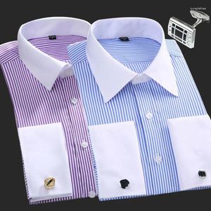 Men's Casual Shirts M-6XL Cotton French Cuffs Business Long Sleeve Shirt Stripes Comfortable Standard Elegant Formal Cufflink Top