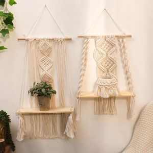Tapisserier DIY Handgjorda Tassel Tapestry Wall Hanging Rack Bohemian Macrame Wood Float Shelf Cotton Rep Hand Woven Plant Hanger Decor