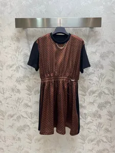 Luxury Fashion 2024 Summer Women's Chain Neck Short Sleeve Drawstring Dress Plaid Elegant Lady Casual Dresses