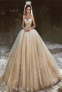 Luxury Arabic Gold Wedding Dresses 2020 Sequins Princess Ball Gown Royal Wedding Dress Sweetheart Sparkly Princess Bridal Gowns3440960