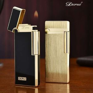 DERUI Metal Ultra Thin Iatable Lighter Grinding Wheel Ignition Open Flame Butane Without Gas High End Portable Lighters Smoking Gifts