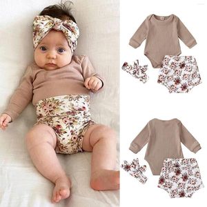 Clothing Sets 6 9 12 18 Months Born Baby Girls 2024 Summer Ribbed Bodysuit Floral Shorts Headband Suit Childrens Girl Clothes