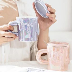 Mugs Ins Korean Style Pearl White Ceramic Mug With Spoon Household Coloured Glaze Coffee Tea Cups Office Drink Drinkware