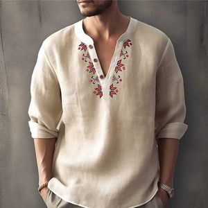 Herren-T-Shirts Herren Vintage Bohemian gedruckt Long Sleeved Casual Button Hemd Lose Henry V-Neck Beach Top Hawaiian T-Shirt J240402