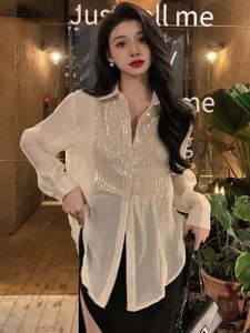 Camisetas mulheres elegantes moda simples Allmatch Leisure Bling Tender Design Loose Design Spring French Style S4XL Condável colar 240407