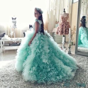 Klänningar 2016 Mint Ball Gown Flower Girl Dresses Puffy Tulle Ruffles Girls Pageant Gowns First Communion Dresses With Bow Child Party Dress