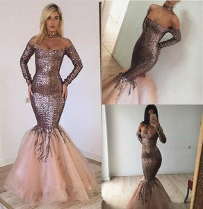 2019 Rose Gold Evening Dresses Off The Shoulder Sequins Sweep Floor Length Mermaid Prom Dress Custom Made Long Sleeve Special Occa6455099