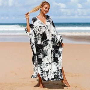 Сексуальные плюс размером Kaftan V-образное кимоно для женщин плавать в длинные платье с печать