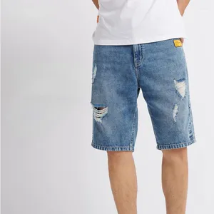 Män jeans män sommar kort hål målning tryckt ljus blå smal mode denim shorts streetwear raka manliga avslappnade byxor