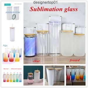 Stanleliness USA Ship Sublimation glass tumbler with Bamboo Lid 16oz 20oz 25oz clear frosted glasses mason jar beer cola libby can reusable Plastic Straw bottle 3E9S