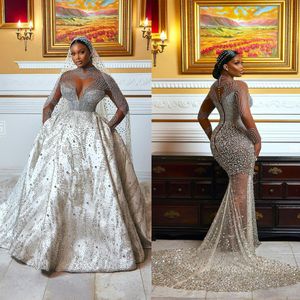 Luxury Mermaid Wedding Dresses Crystal Beaded Bridal Gowns Detachable Train Slim Custom Made Long Sleeve Sweep Train Vestidos De Novia