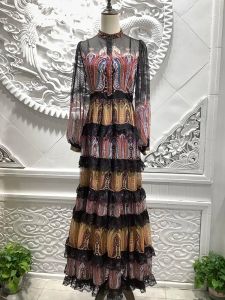2024年春と秋の新しいレトロ民族スタイル幾何学デジタルプリントレースフリルエッジパーティーバケーションベストファッションエレガントなドレス