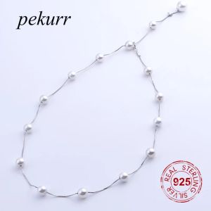 Necklaces Pekurr 925 Sterling Silver 15 Pieces 6.4mm Round White Pearl Necklace For Women Box Chain Choker Fine Jewelry Gift