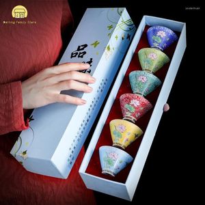 Copos de vinho Jingdezhen Cerâmica Kungfu Conjunto de chá do esmalte Copo de coloração Crafts Creative Style Chinese Floral Peony Bowl Box Caixa de presente