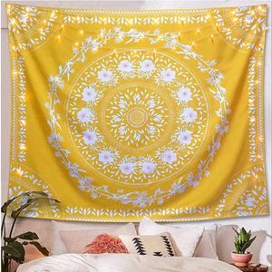 Tapisserier gula bohemiska mandala tapestry vägg hängande oändliga blommor hippie mattor sovsal dekor