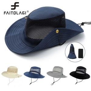 Breda randen hattar hink hattar sommar cool berg hatt mesh andningsbara mens solhatt stor grim utomhus solskade hatt fashionabla fasta färg män fiskare hatt q240403