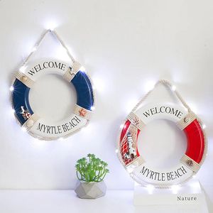 Mediterranean Wooden Life Buoy with Light LED Battery Model Flash Decoration Creative Wall Artifact Hanging Ornaments 240403