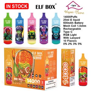 Original Elf Box 14000 Puff-Einweg-Vape Vape Pen 14K Puffs 0% 2% 3% 5% Vaporizer 600mAh wiederaufladbarer Typ-C-Mesh-Spulen-Einweg-E-Zigaretten 10 Geschmacksrichtungen