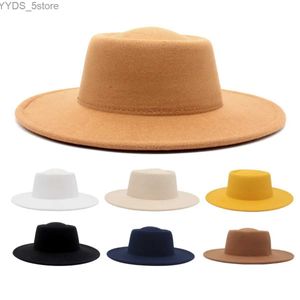 Chapéus largos balde sólido fedora hat clássica feminina trilby lã jazz boliche de boliche elegante vestido de outono marrom vintage yq240407