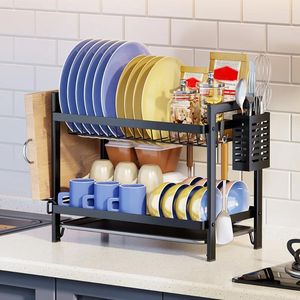 Kitchen Storage 2-Tier Dish Dryer Rack With Drainboard & Utensil Holder Cutlery Cutting Board Home Organization