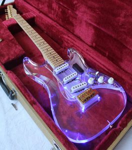 アクリルクリスタルLEDエレクトリックギタートランスペレントプレキシガラスエレクトリックギターボディブルーレッド6ストリング6弦Guitartlヘッドストック3746920