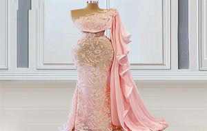 Szykowna różowa syrena wieczorowa sukienki jedno ramię koronkowe aplikacje imprezowe sukienki dla kobiet sukienka z przodu rozdzielona długość podłogi elegancka szata D5946440