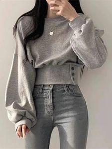 Autumn Long Sleeve Tops Women Korean Fashion Crop Sweatshirt Kvinnliga Vintage Casual Buttons Up Sweatshirts Chic Hoodies Ladies 240327