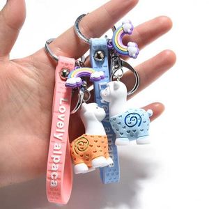 Keychains Lanyards Ny tecknad harts Alpaca Keychain Pendant Creative Par Schoolbag Sheep Bag biltillbehör Q240403