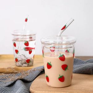 Wine Glasses "with Straw Juice Milk Tea Coffee Creative Cup Strawberry Glass Letter Pattern Girl Star 320ml Type Shape"