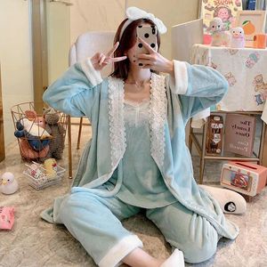 Домашняя одежда цветок женщины пижама набор мягкая фланелевая 3pcs witer ware goot костюм сексуальный v-образный кимоно-платье синее кружево