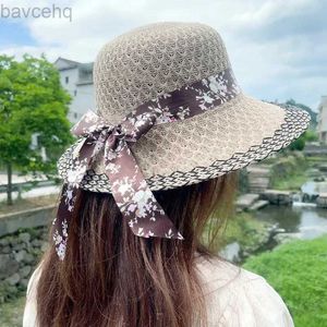 Breda randen hattar hink hattar vintage stråhattar för kvinna elegant blommig bowknot band sol hattar sommar resor solskydd breda brim hattar 240407
