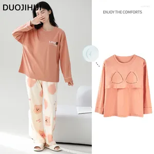 Abbigliamento da casa duojihui arancione chic stampato pigiami sciolti per donne autunno con cuscinetto del toracela semplice pantalone alla moda set femminile di base