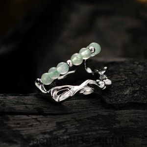 J1305 New Chinese Bamboo Texture Ring Female Small Design China-Chic S925 Sterling Silver Inlaid Dongling Jade Beads