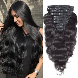 Long Wavy Clip in Hair Natural Black Virgin Brazilian Human Hair Body Wave Clip ins hair 8pcs 120g Hair Products