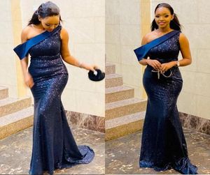 Sparkle Navy Blue Mermaid Evening Dresses One Shoulder Sweep Train Sequined Women Formal Prom Party Gowns Special Occasion Gown Ve8604609
