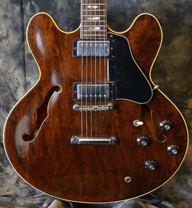 Anpassad butik E355 Walnut Brown 1972 Semi Hollow Body Jazz Electric Guitar Black PickGuard Pearl Rectangle Inlays8047041