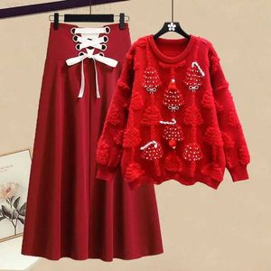 Платье с двумя кусочками женская зимняя рождественская елка красная сет -джемпер -джампер и юбка для двух частей набор одежды Fe Fe Festival 2023 Clothingc240407
