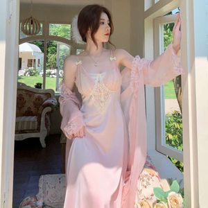 Sexy Ice Silk Pajamas, Women's Spring/summer Suspender, Chest Cushion, Sleeping Skirt, Two Piece Cool Morning Robe, Bridal Set, Long Style