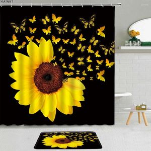 Duschvorhänge 2pcs kreative Fantasie Sonnenblume Vorhang Blumen Schmetterling floralgrünes Blatt Stoff Nicht-Schlupf-Bad Matte Badezimmer Set