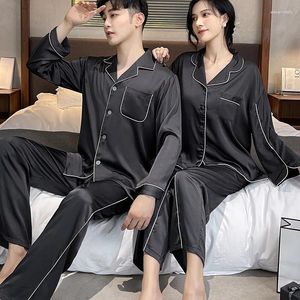 Women's Sleepwear Spring Lovers Women Pajama Set Silk Couple Pajamas Lapel Pyjamas Ice Long Sleeve Shirt Pants Homewear Loungewear