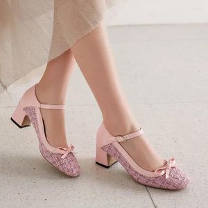 Kleidungsschuhe Ymechic Block High Heels Pumps Frauen Schuh rosa schwarz roter quadratischer Zeh Bowtie Sweet Party Mary Jane Lolita 2024 Sommer