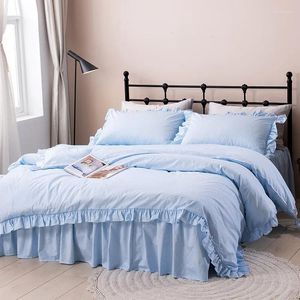 Bedding Sets Pure Cotton Plaid Ruffles Solid Color Blue Skirt-style Set Simple Style Ropa De Cama Couvre Lit Duvet Cover