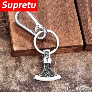 Keychains Lanyards Norwegian Mythical Rune Axe Keychain Viking Double sided Sos Hammer Pendant Stainless Steel Leather Mens Icelandic Jewelry Q240403